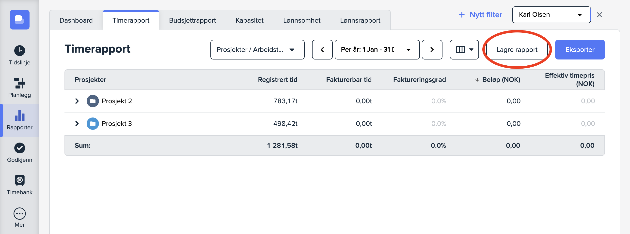 Lagre timerapport